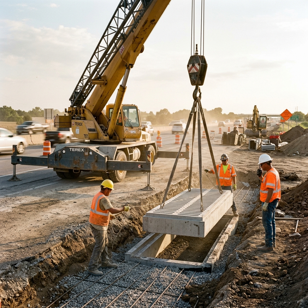 Otoyol projesinde prefabrik beton yağmur suyu ızgarası montaj çalışması